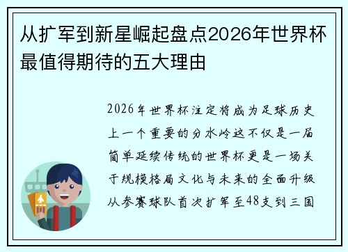 从扩军到新星崛起盘点2026年世界杯最值得期待的五大理由 从扩军到新星崛起盘点2026年世界杯最值得期待的五大理由